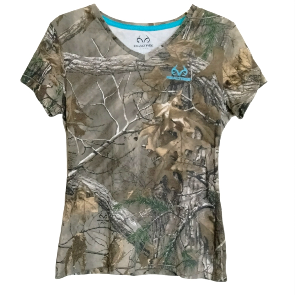 REALTREE Women's Tee Shirt Camouflage V Neck Size S Turquoise Details